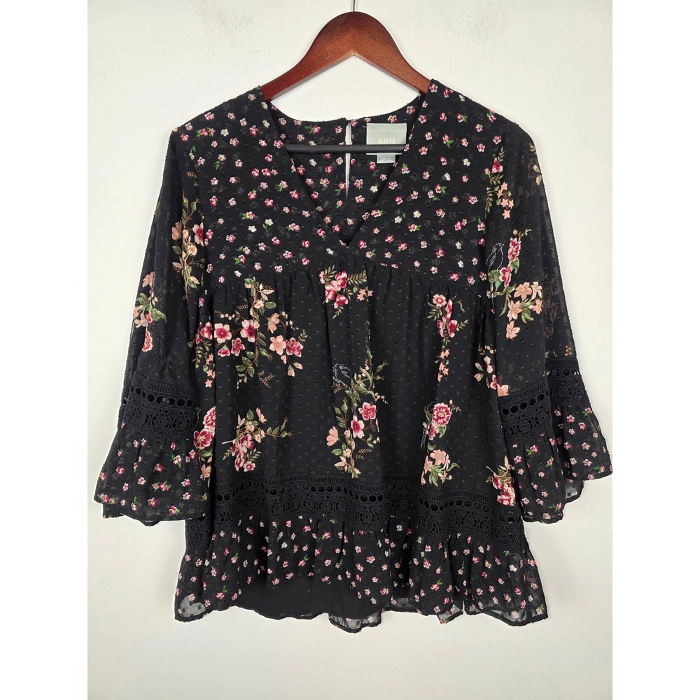 Maeve Anthropologie Steffy Black Floral Swiss Dot Lace Trim Peasant Top Small